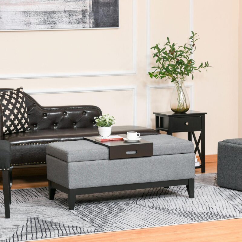 Homcom Rectangular Tufted Fabric Storage Bench Upholstered Ottoman Tray - Image 3