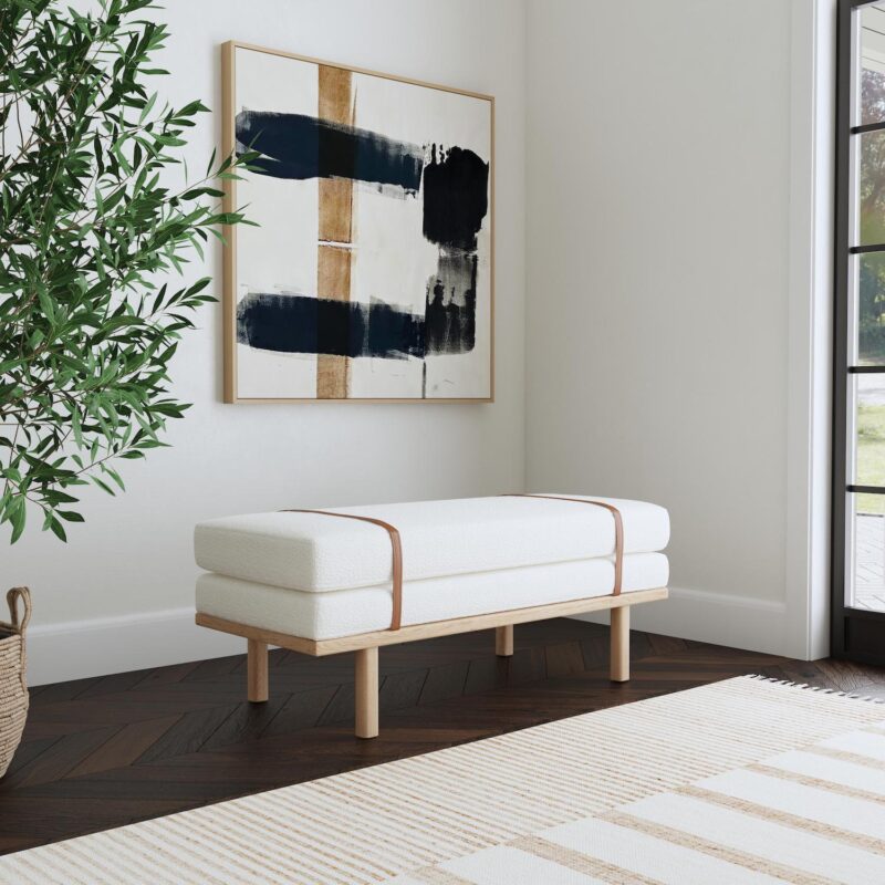 HomePop Cream Boucle Upholstered Bench with Wood Base - Image 2