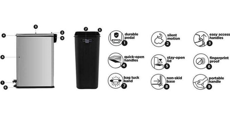 Home Zone Living VA41837A 8 gal Slim Kitchen Trash Can - Stainless Steel - Step Pedal - Silver - Image 2