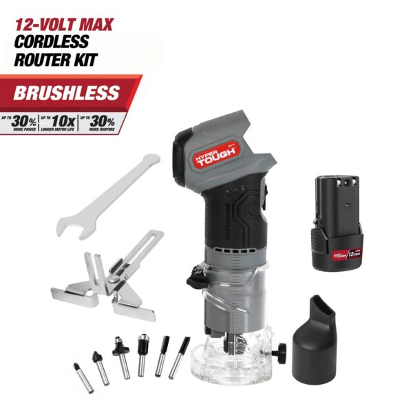 Hyper Tough 12V Max Lithium-Ion Brushless Palm Edge Router with 1.5Ah Battery and Charger, 80016