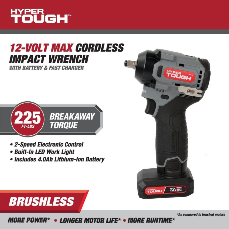 Hyper Tough 12V Max Cordless Brushless Impact Wrench with 4.0Ah Lithium-Ion Battery and Charger, 225 ft-lbs Torque - Image 4