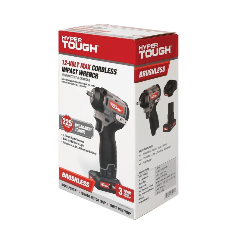 Hyper Tough 12V Max Cordless Brushless Impact Wrench with 4.0Ah Lithium-Ion Battery and Charger, 225 ft-lbs Torque - Image 11