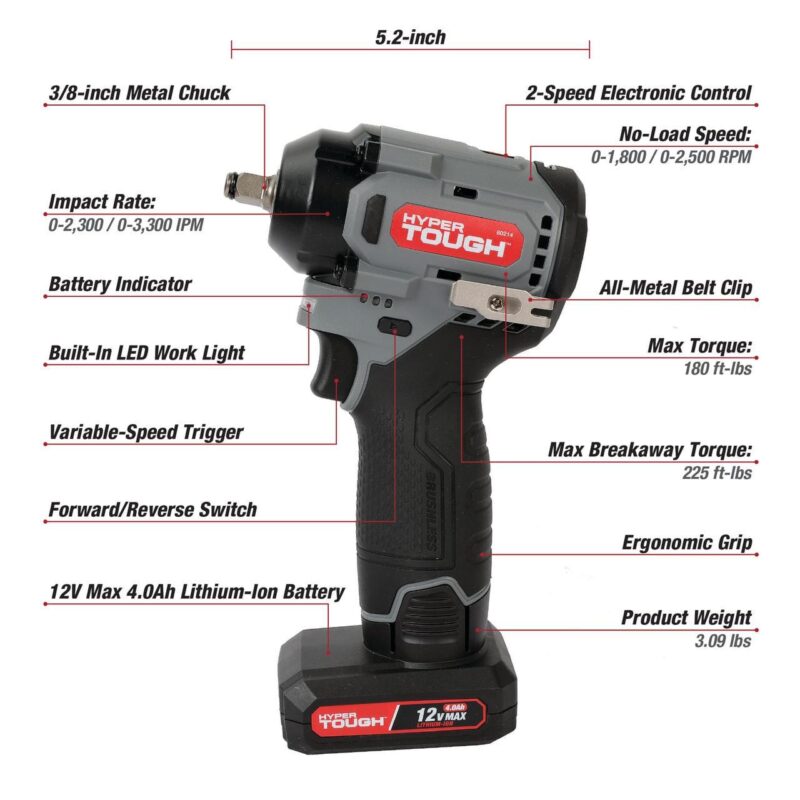 Hyper Tough 12V Max Cordless Brushless Impact Wrench with 4.0Ah Lithium-Ion Battery and Charger, 225 ft-lbs Torque - Image 3