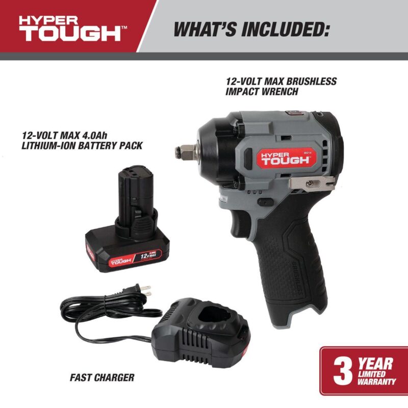Hyper Tough 12V Max Cordless Brushless Impact Wrench with 4.0Ah Lithium-Ion Battery and Charger, 225 ft-lbs Torque - Image 5