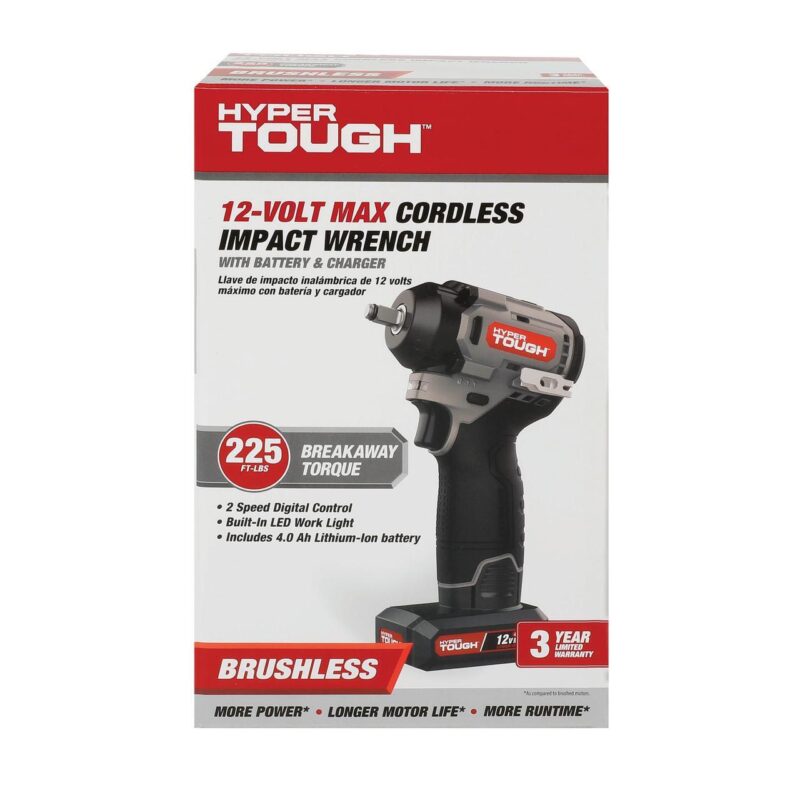 Hyper Tough 12V Max Cordless Brushless Impact Wrench with 4.0Ah Lithium-Ion Battery and Charger, 225 ft-lbs Torque - Image 10