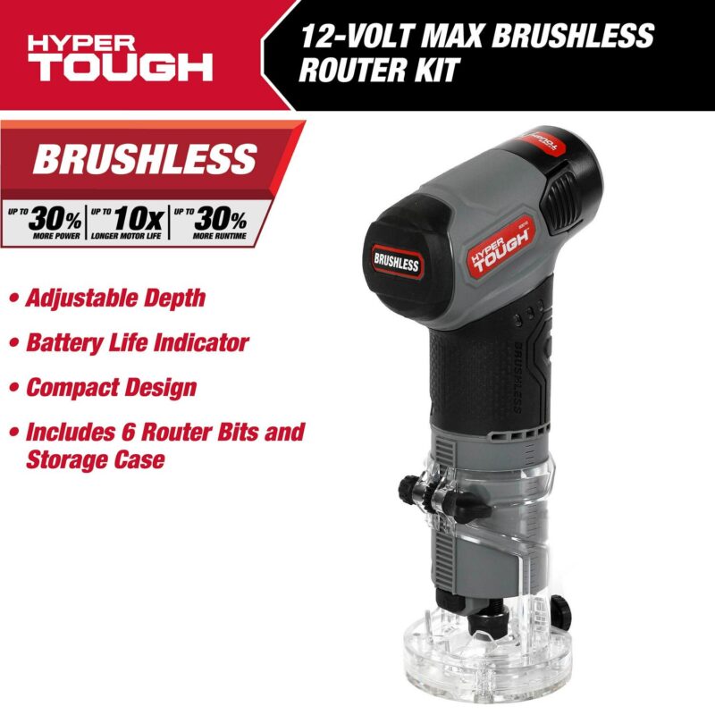 Hyper Tough 12V Max Lithium-Ion Brushless Palm Edge Router with 1.5Ah Battery and Charger, 80016 - Image 2