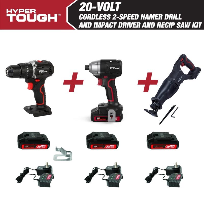 Hyper Tough 20V 1/4a Impact Driver, 1/2a 2-Speed Hammer Drill, and Reciprocating Saw Bundle (3) 1.5Ah Lithium-Ion Batteries and (3) Chargers