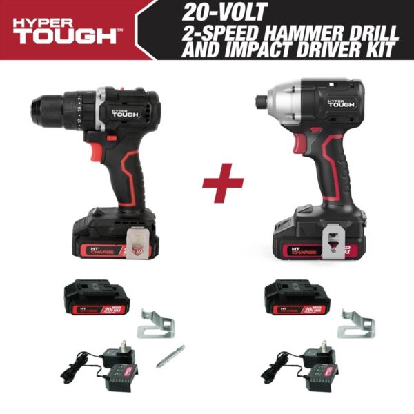 Hyper Tough 20V 1/4a Impact Driver and 1/2a 2-Speed Hammer Drill Bundle, (2) 1.5Ah Lithium-Ion Batteries and (2) Chargers