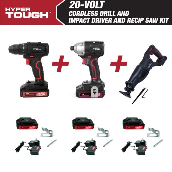 Hyper Tough 20V Cordless 3/8a Drill, 1/4a Impact Driver and Reciprocating Saw Bundle, (3) 1.5Ah Lithium-Ion Batteries and (3) Chargers