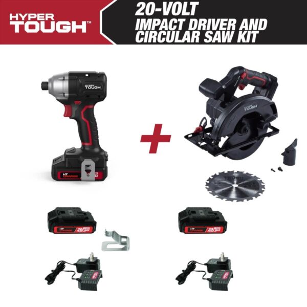 Hyper Tough 20V Cordless 1/4a Impact Driver and Circular Saw Bundle, (2) 1.5Ah Lithium-Ion Batteries and (2) Chargers