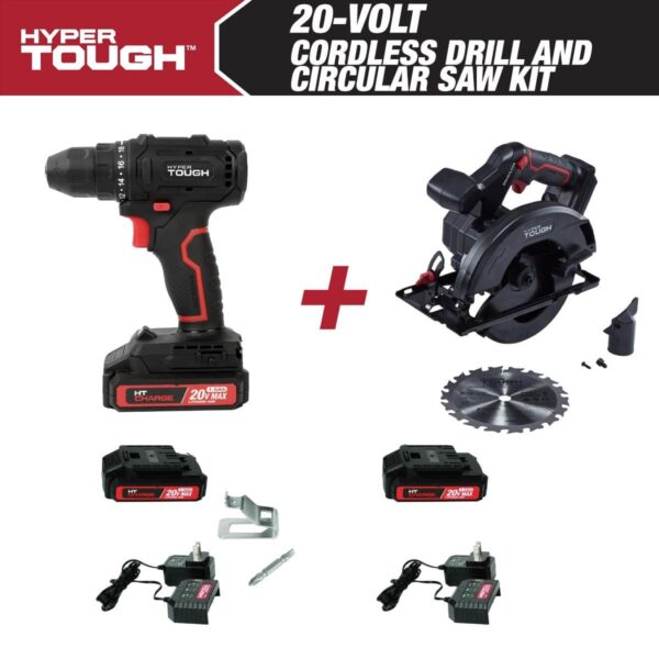 Hyper Tough 20V Cordless 3/8a Drill and Circular Saw Bundle, (2) 1.5Ah Lithium-Ion Batteries and (2) Chargers