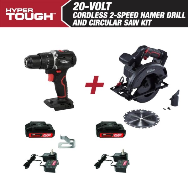 Hyper Tough 20V Cordless 1/2a 2-Speed Hammer Drill and Circular Saw Bundle, (2) 1.5Ah Lithium-Ion Batteries and (2) Chargers