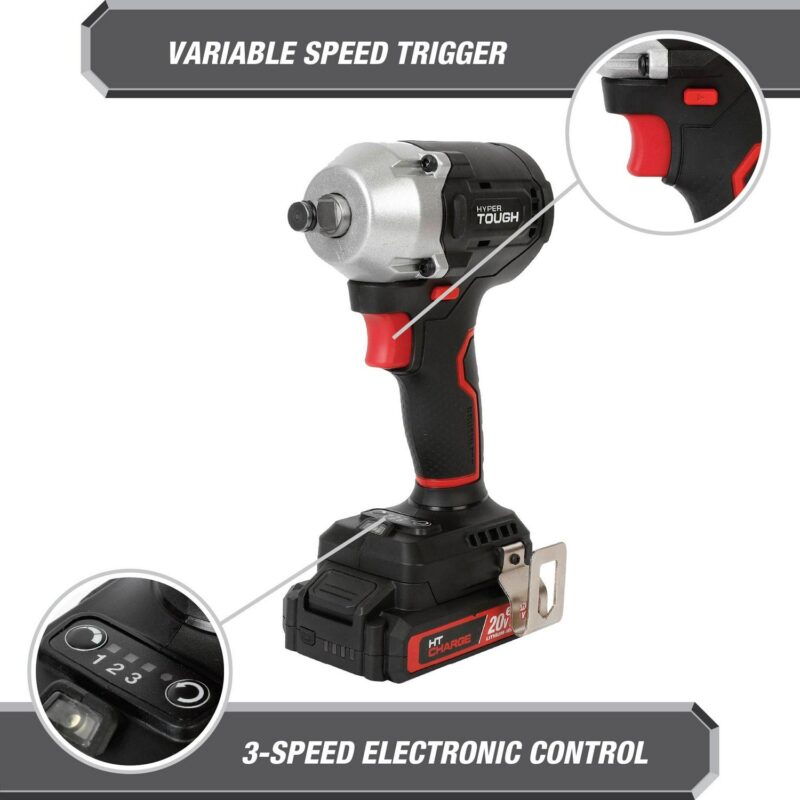 Hyper Tough 20V Max Compact Brushless 1/2-inch Impact Wrench with 2.0Ah Lithium-Ion Battery and Charger, 350 ft-lbs Torque, New - Image 10