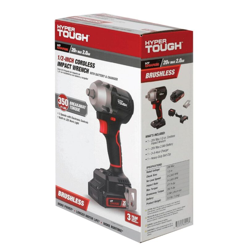 Hyper Tough 20V Max Compact Brushless 1/2-inch Impact Wrench with 2.0Ah Lithium-Ion Battery and Charger, 350 ft-lbs Torque, New - Image 13