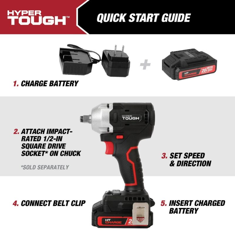 Hyper Tough 20V Max Compact Brushless 1/2-inch Impact Wrench with 2.0Ah Lithium-Ion Battery and Charger, 350 ft-lbs Torque, New - Image 11