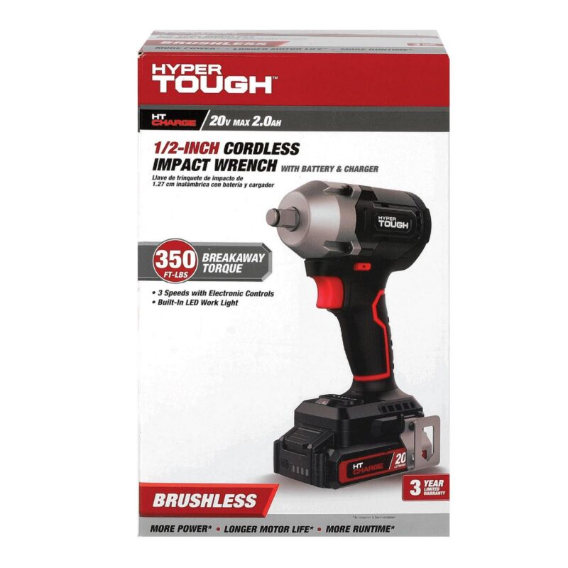 Hyper Tough 20V Max Compact Brushless 1/2-inch Impact Wrench with 2.0Ah Lithium-Ion Battery and Charger, 350 ft-lbs Torque, New - Image 12