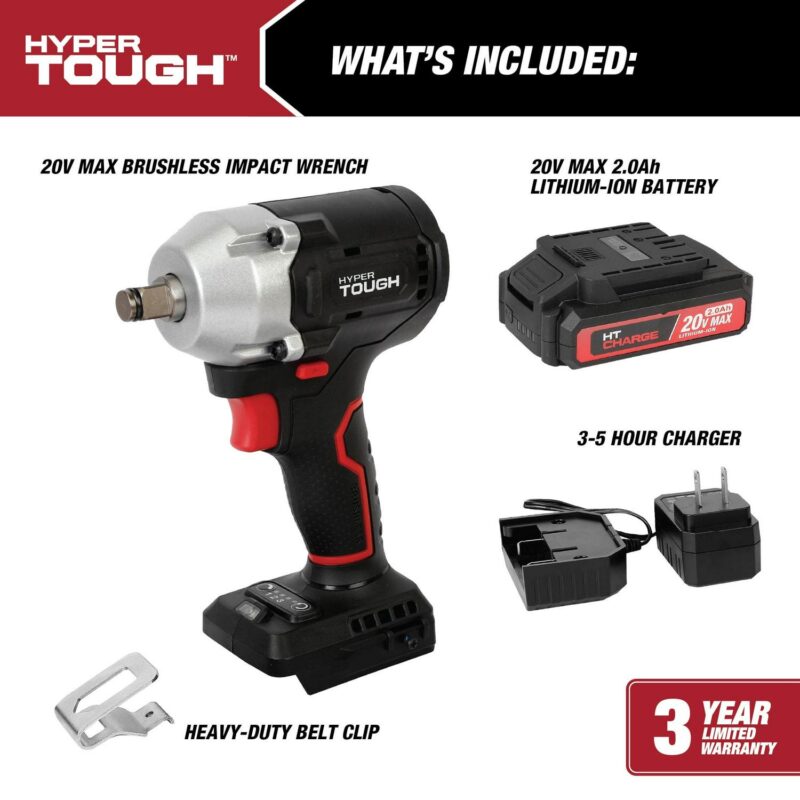 Hyper Tough 20V Max Compact Brushless 1/2-inch Impact Wrench with 2.0Ah Lithium-Ion Battery and Charger, 350 ft-lbs Torque, New - Image 5
