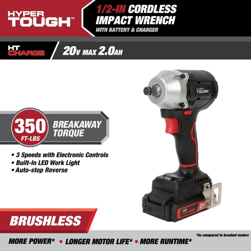Hyper Tough 20V Max Compact Brushless 1/2-inch Impact Wrench with 2.0Ah Lithium-Ion Battery and Charger, 350 ft-lbs Torque, New - Image 4