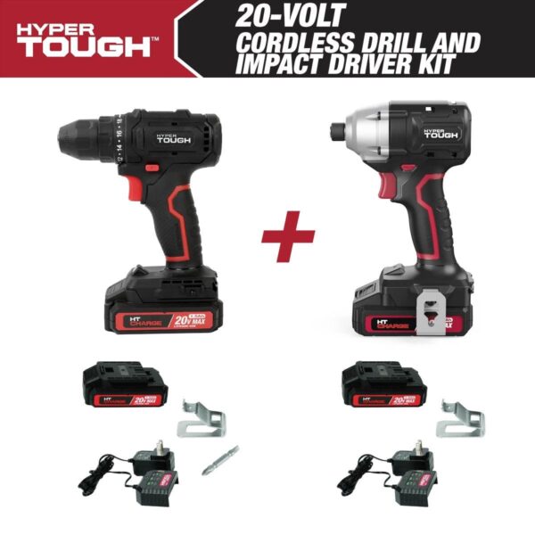 Hyper Tough 20V Max 3/8  cordless Drill / 1/4  cordless Impact Driver Combo with (2) - 1.5Ah batteries and chargers