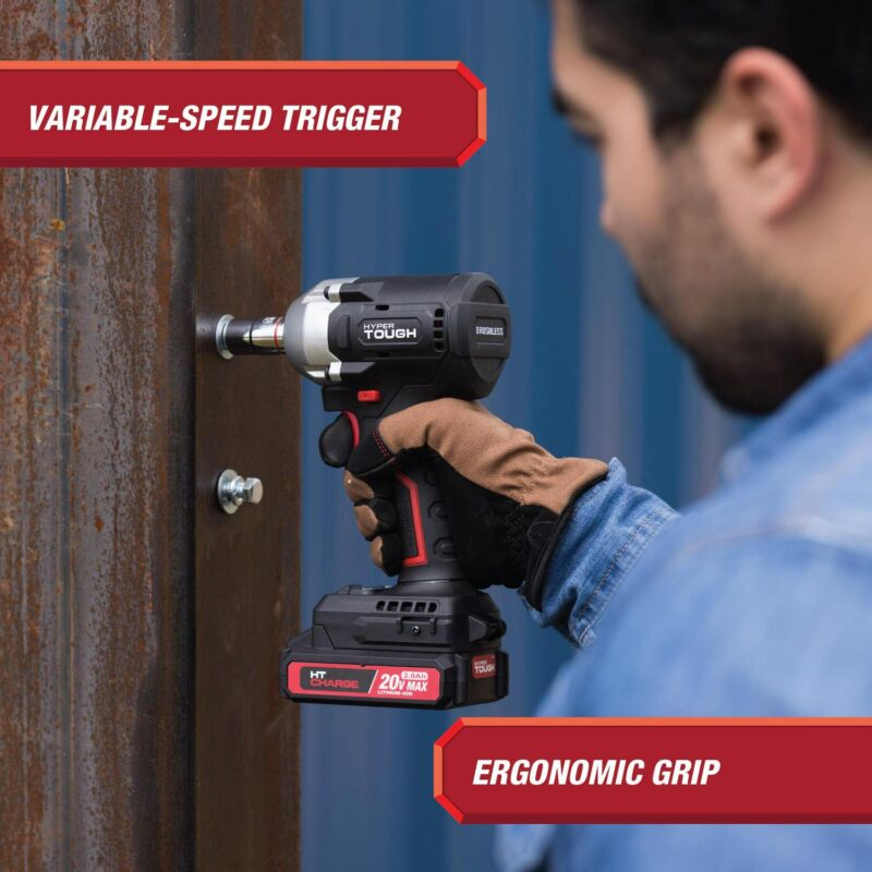 Hyper Tough 20V Max Compact Brushless 1/2-inch Impact Wrench with 2.0Ah Lithium-Ion Battery and Charger, 350 ft-lbs Torque, New - Image 6