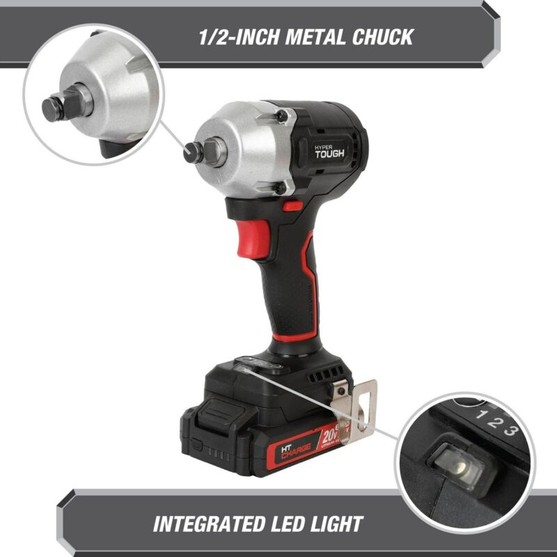 Hyper Tough 20V Max Compact Brushless 1/2-inch Impact Wrench with 2.0Ah Lithium-Ion Battery and Charger, 350 ft-lbs Torque, New - Image 9