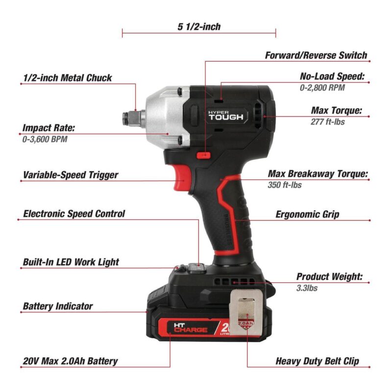 Hyper Tough 20V Max Compact Brushless 1/2-inch Impact Wrench with 2.0Ah Lithium-Ion Battery and Charger, 350 ft-lbs Torque, New - Image 3