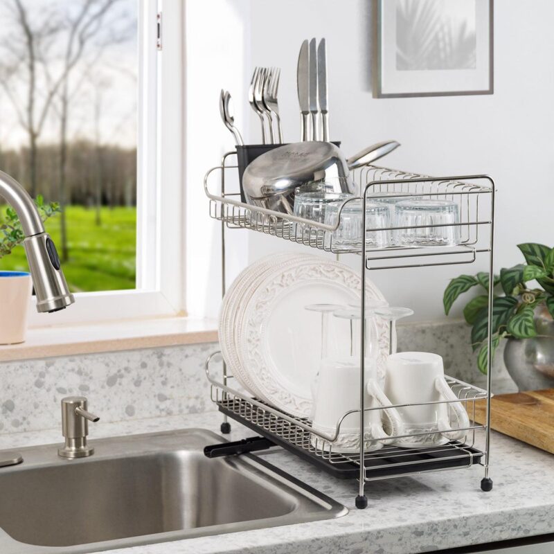 IRIS USA 2-tier Slim-sized Dish Rack with Drain Spout, Black - Image 2