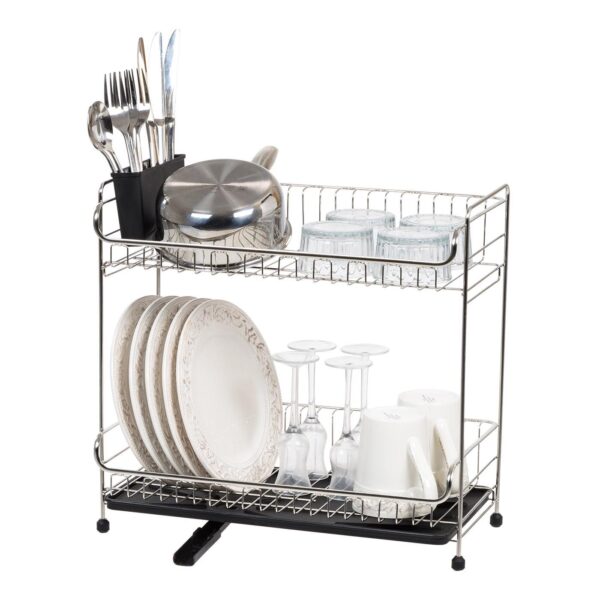 IRIS USA 2-tier Slim-sized Dish Rack with Drain Spout, Black