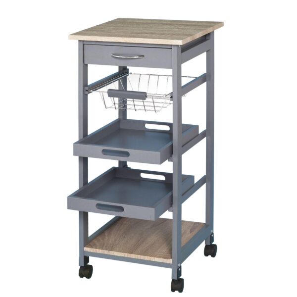 Indoor Moving Microwave Cart W/ Slide-out Wire Storage Basket and Wheels, Grey