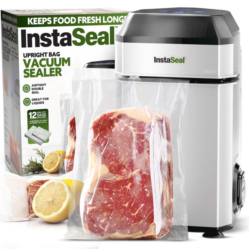 InstaSeal Airtight Double Seal Compact Upright Bag Food Vacuum Sealer with 12 Bags