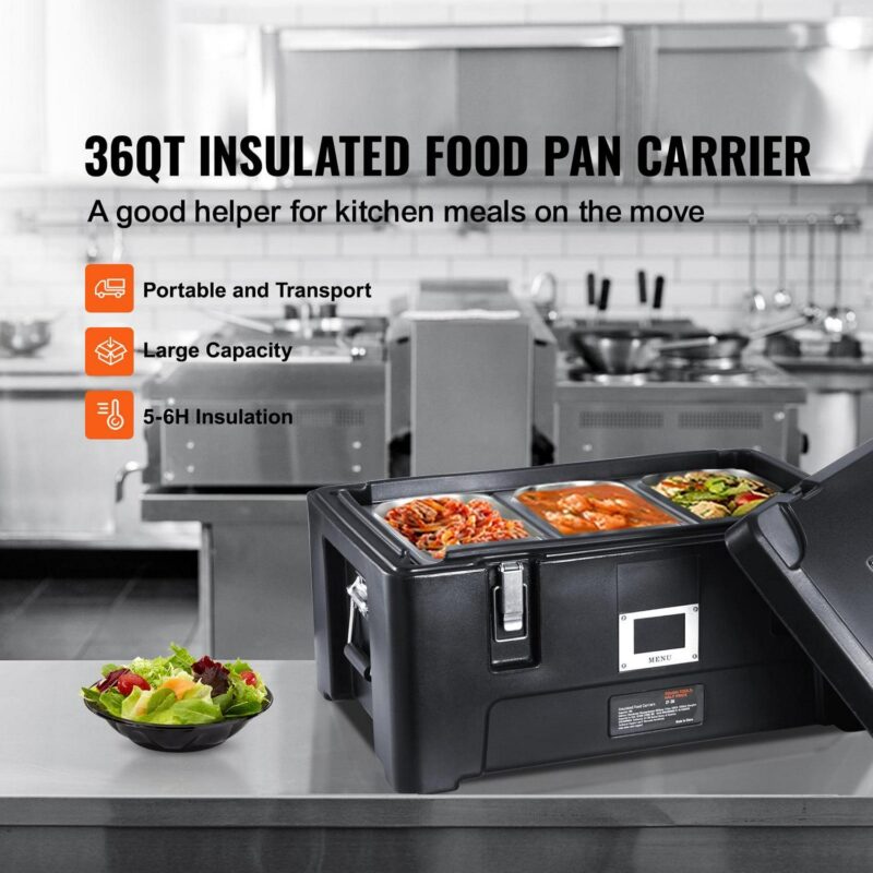 Insulated Food Pan Carrier, 36Qt Capacity, Stackable Catering Hot Box with 3 Stainless Steel Pans,Top Load LLDPE Food Warmer with Elastic Side Handles and Buckles, for Restaurant Canteen, Black - Image 2