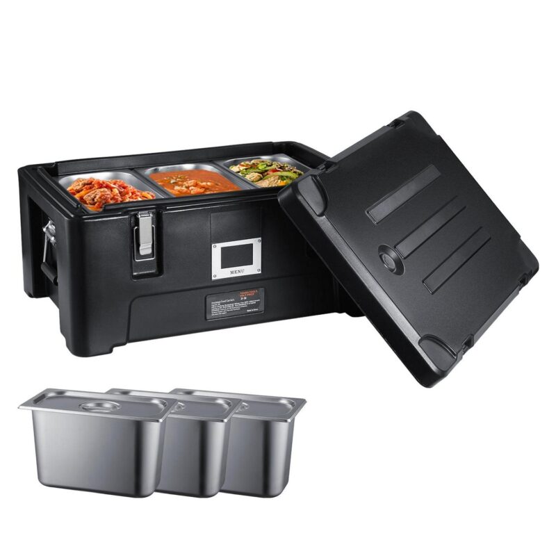 Insulated Food Pan Carrier, 36Qt Capacity, Stackable Catering Hot Box with 3 Stainless Steel Pans,Top Load LLDPE Food Warmer with Elastic Side Handles and Buckles, for Restaurant Canteen, Black - Image 9