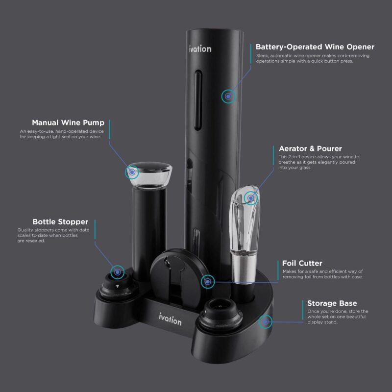 Ivation Electric Wine Opener,7-Piece Wine Gift Set, Electric Bottle Opener, Wine Aerator Pourer - Image 2