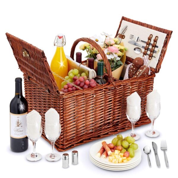 Juvale Wicker Picnic Basket for 4 with Utensils, Glasses, and Insulated Bag