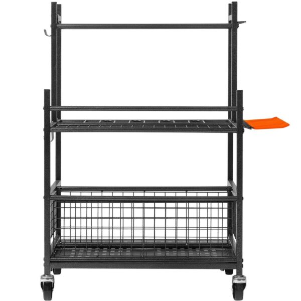 KFFKFF Yard Equipment Holder, 16 Compartments and Hooks, Mobile Metal Rack for Organizing Garden Tools in Garage, Supports Rakes/Brooms, Ideal for Outdoor Shed Storage