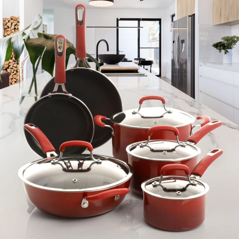 Kenmore Elite Andover 10 Piece Nonstick Aluminum Cookware Set in Red Gradient - Image 4