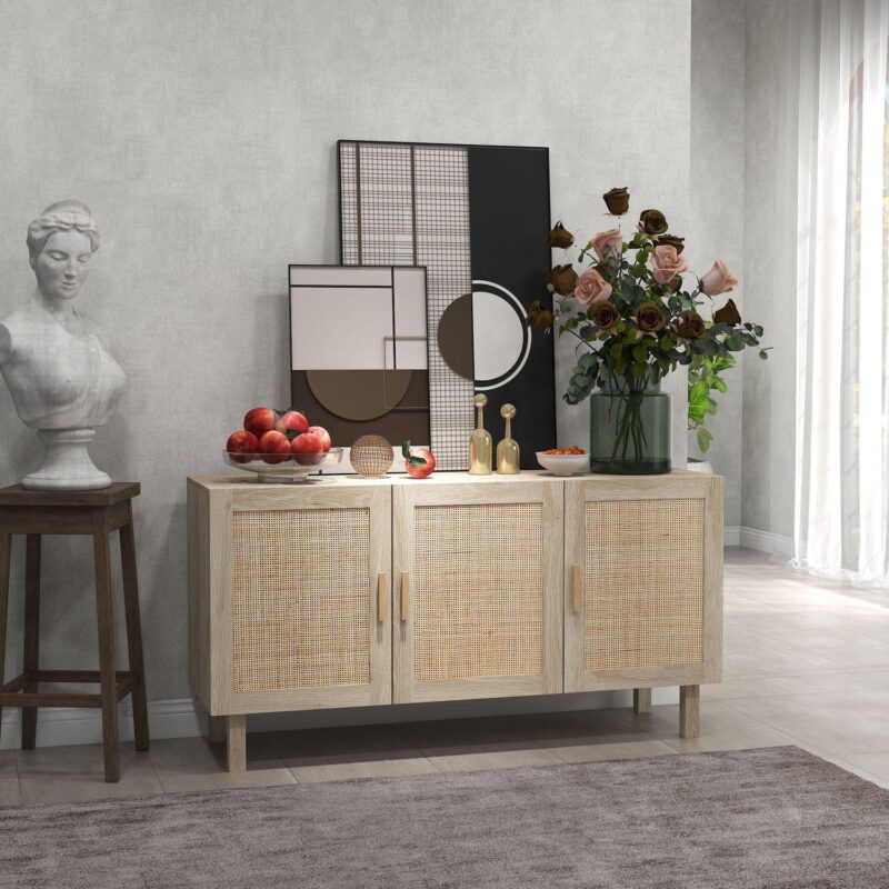 Kitchen Storage Organizer Cabinet W/3 Rattan Doors and Adjustable Shelves, Natural - Image 2
