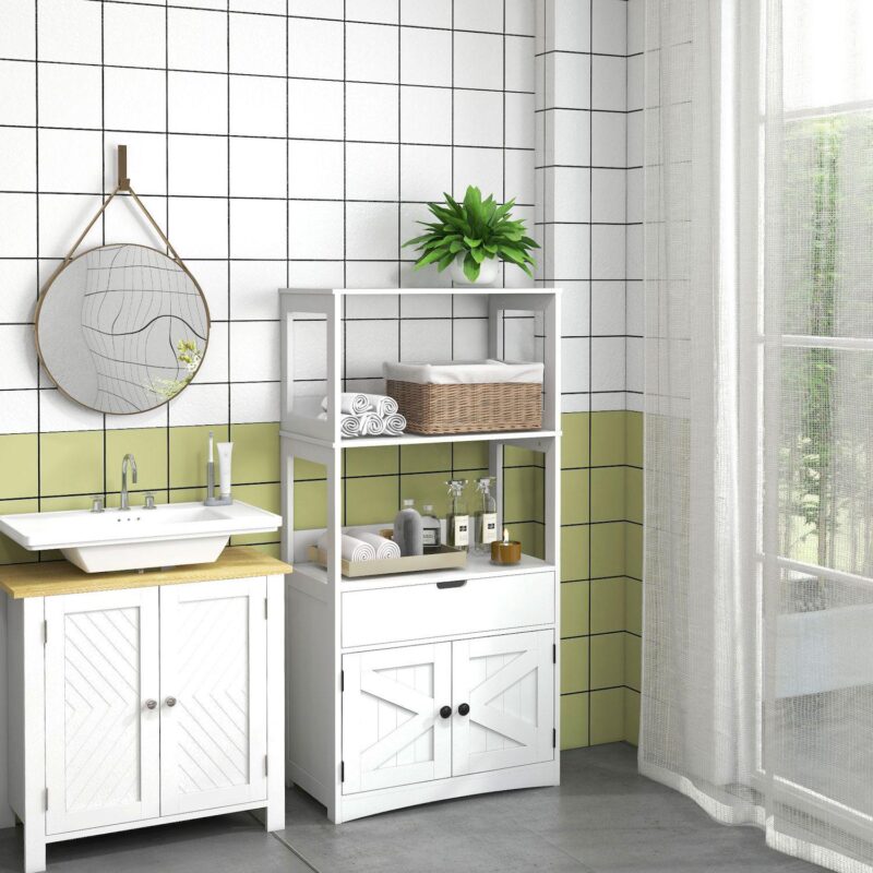 Kleankin Bathroom Cabinet Linen Cabinet With Doors And Shelves, White - Image 2