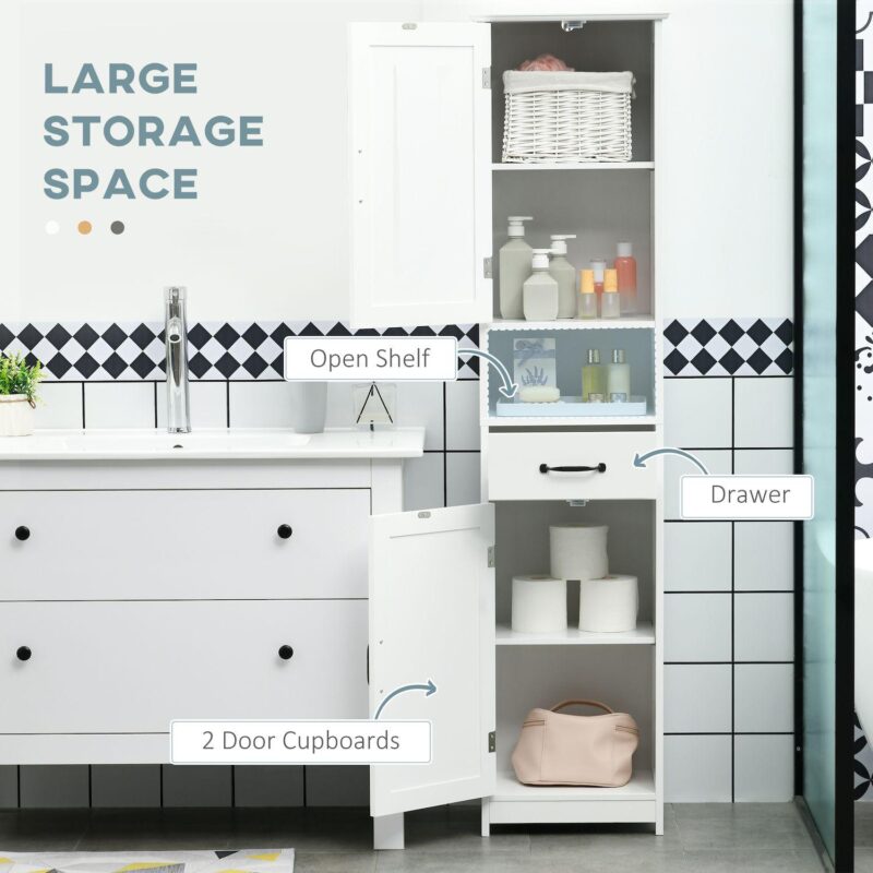 Kleankin Bathroom Storage Cabinet Linen Tower With Open Shelf Drawer White - Image 4