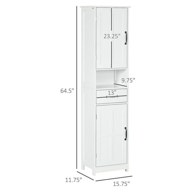 Kleankin Bathroom Storage Cabinet Linen Tower With Open Shelf Drawer White - Image 3