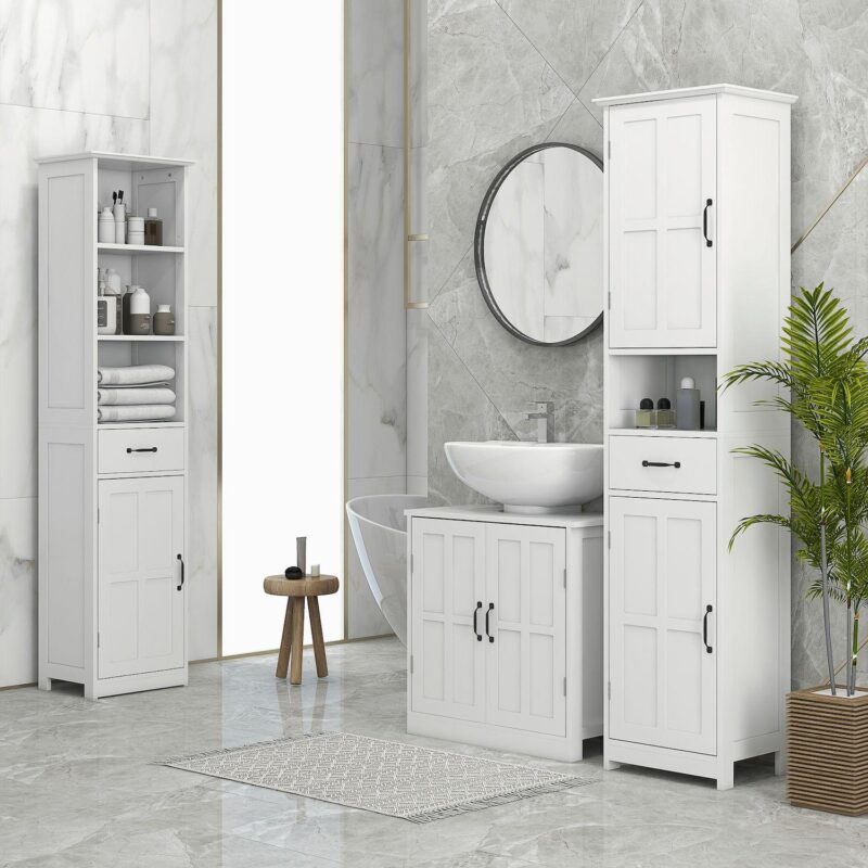 Kleankin Bathroom Storage Cabinet Linen Tower With Open Shelf Drawer White - Image 2
