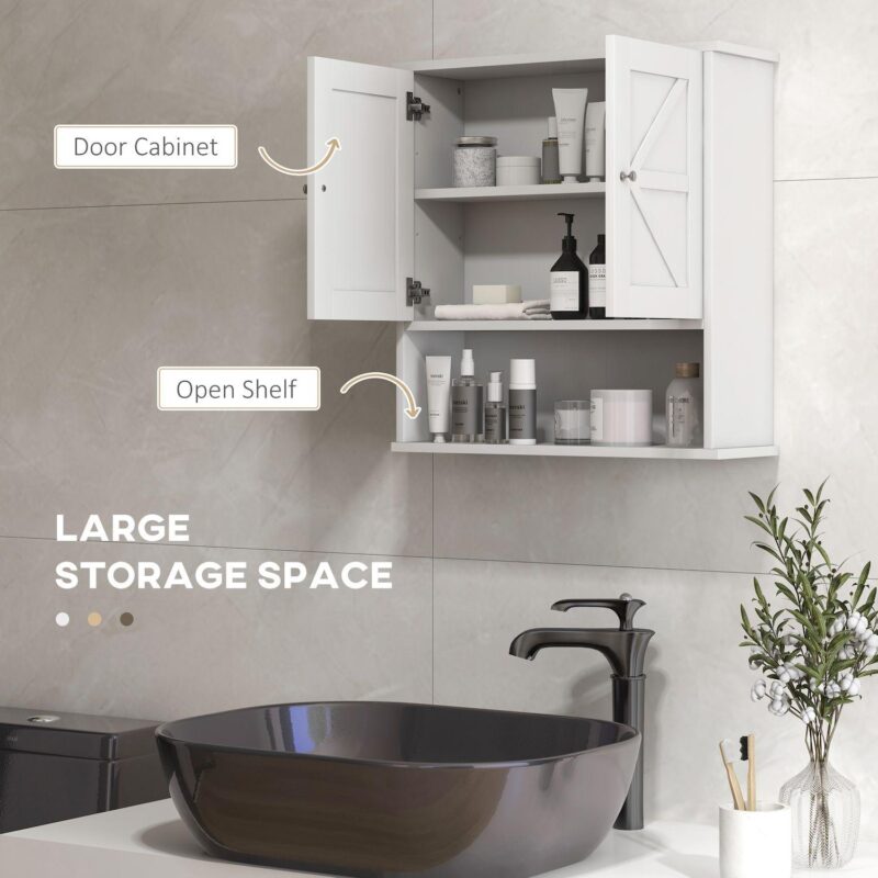 Kleankin Farmhouse Bathroom Wall Cabinet, Medicine Cabinet With Open Shelf - Image 4
