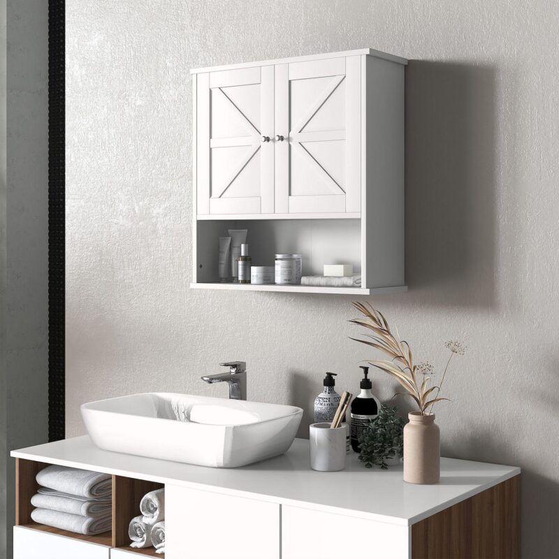 Kleankin Farmhouse Bathroom Wall Cabinet, Medicine Cabinet With Open Shelf - Image 2