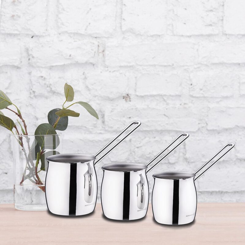 Korkmaz Tombik 3 Piece Stainless Steel Turkish Coffee Pot Set in Silver - Image 3
