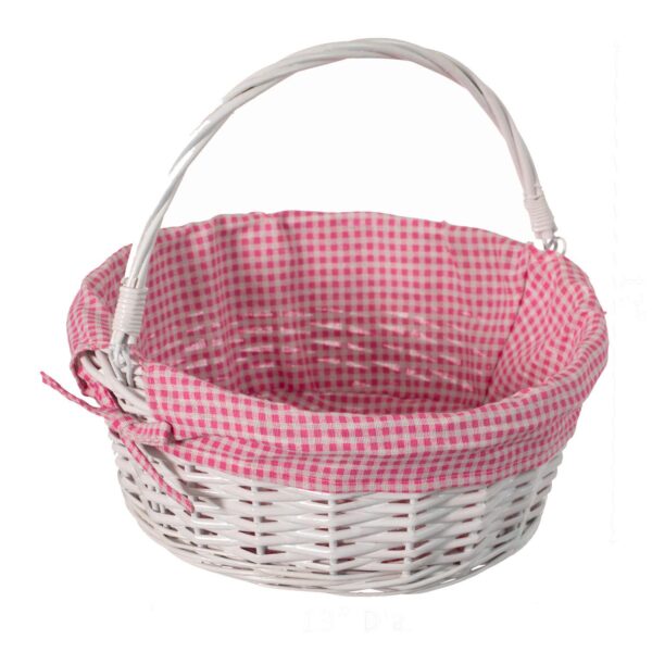 Large Round Willow Gift Basket With Gingham Liner And Sturdy Foldable Handles