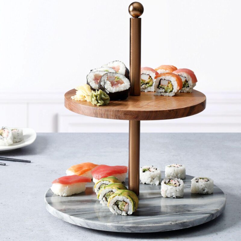 Laurie Gates California Designs Grey Marble and Acacia Wood 2 Tier Server - Image 4