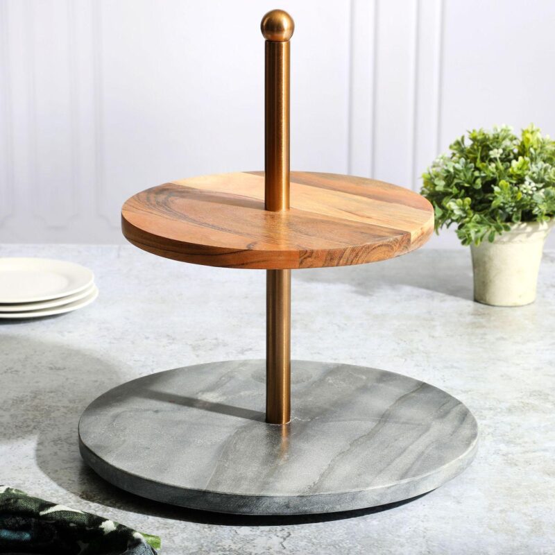 Laurie Gates California Designs Grey Marble and Acacia Wood 2 Tier Server - Image 5