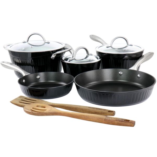 Logan 10 Piece Aluminum Nonstick Cookware Set in Black with Wood Utensils