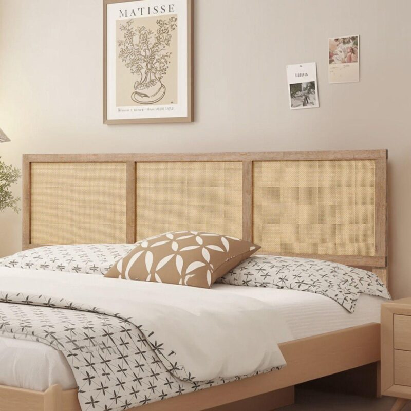 LuxenHome Natural Finish Rubberwood Frame with Rattan Panels Headboard, Queen - Image 2