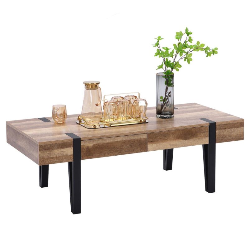 LuxenHome Oak Finish Mdf Wood Black Metal 2-drawer Coffee Table - Image 3